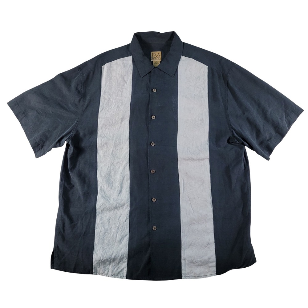 Jos A Bank Silk Bowling Shirt Large Black Camp Collar Retro Panel Rockabilly EUC